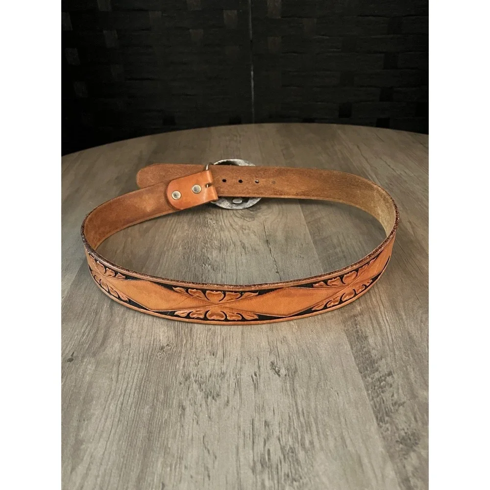 Vintage Looper Tooled Leather Belt w/ American Bald Eagle Buckle Sz 34 Good Cond